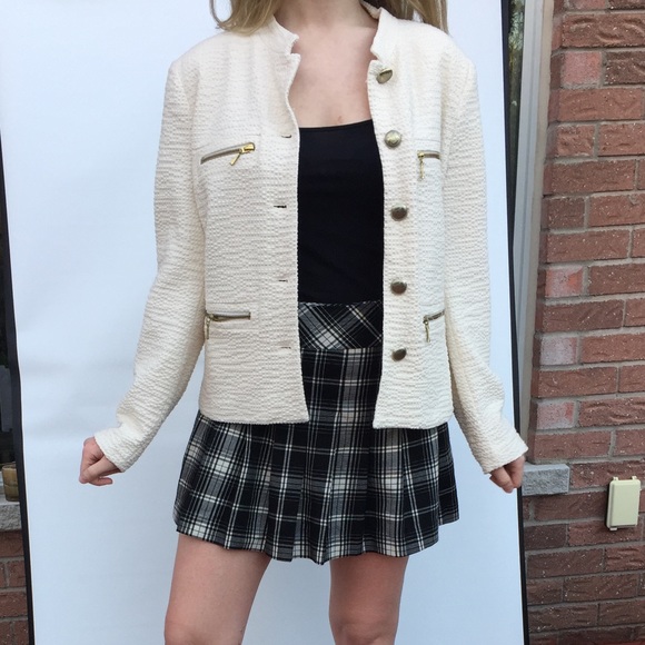 Zara Creamy Beige Cotton Tweed Blazer Metal Zippers Buttons Long Sleeve US M-L - Picture 7 of 13